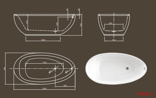 KNIEF Ванна акр.LOUNGE FIT1850х950х635 арт0400-289 встр.рама +сист слива click-clack0100-091-06Sхром