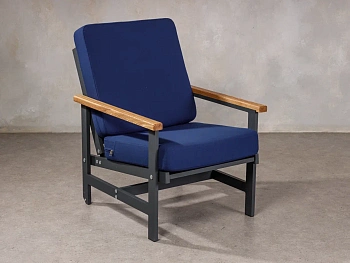 Комплект: Кресло с деревянным подлокотником + Подушка большая синяя 2шт