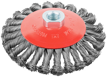 Корщетка-колесо с наклоном, гайка М14, стальная витая проволока Ø125мм 39116
