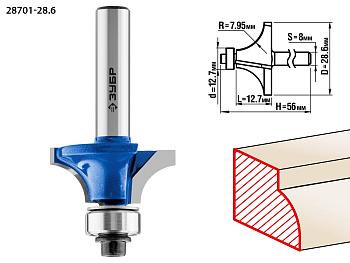 Фреза "Зубр" кромочная калевочная №1 Ø28.6мм хвостовик 8мм, радиус 7.95мм 28701-28.6