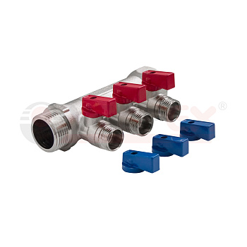 Коллектор с отсекающими кранами, 1"х2 вых. 1/2" нар. VALFEX VF.580.N.0602