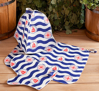 Набор для бани  из 3-х пр. печать "По волнам" Шапка, коврик, рукавичка. TM ”Бацькина баня"/10 13318