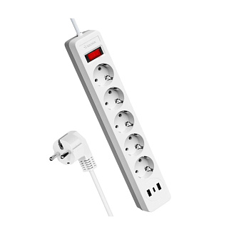 Сетевой фильтр с выкл 5 розетки + 2USB 3м 10А Белый КОСМОС FKsm3m-5g(W)USB