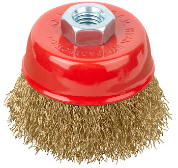 Корщетка-чашка, гайка М14, стальная латунированная волнистая проволока Ø75мм 39267