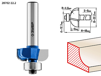 Фреза "Зубр" кромочная калевочная №2 Ø22.2мм хвостовик 8мм, радиус 4.8мм 28702-22.2