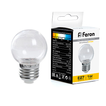  FERON   LB-37 (1W)  шар  E27 2700K 230V  G45 ПРОЗРАЧНЫЙ 38119