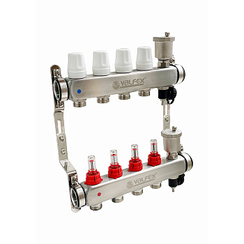 Коллекторная группа НЕРЖ со встр. расх. в сборе, 1"х 2 вых. Евроконус 3/4" VALFEX VF.586.0602