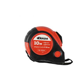 Рулетка "DERZHI ROUND" 10м х 25мм, автостоп, магн.зацеп, обрезиненный корпус 210025