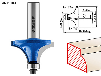 Фреза "Зубр" кромочная калевочная №1 Ø38.1мм хвостовик 8мм, радиус 12.7мм 28701-38.1