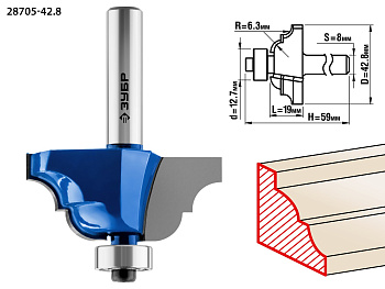 Фреза "Зубр" кромочная калевочная №4 Ø42.8мм хвостовик 8мм, радиус 6.3мм 28705-42.8