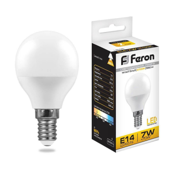 Лампа светодиодная FERON LB-95 16LED/7W 230V E14 2700K G45 шарик